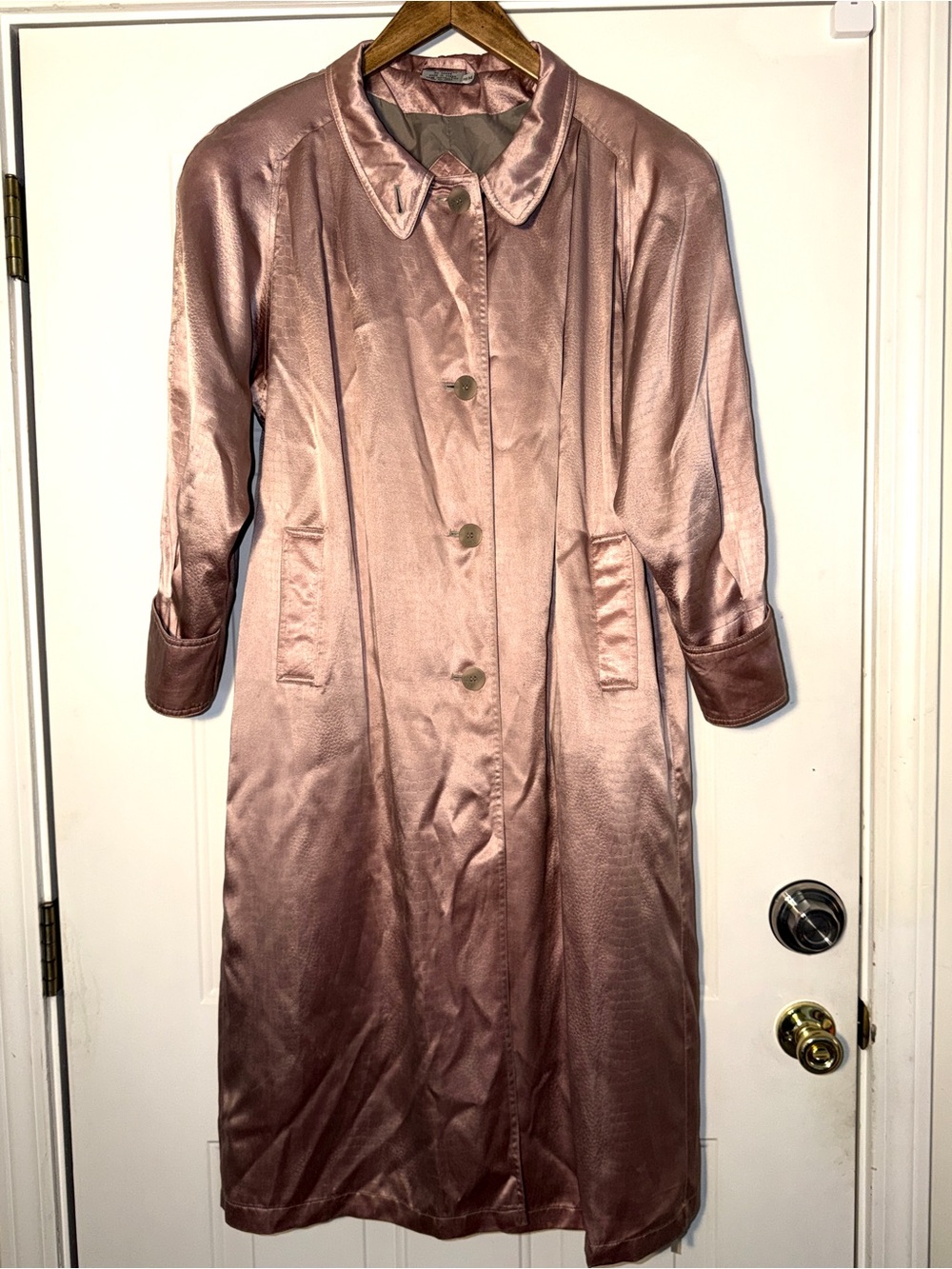 Vintage British Mist Silky Dusty Rose Long Button Front Trench Coat. Sz 13/14